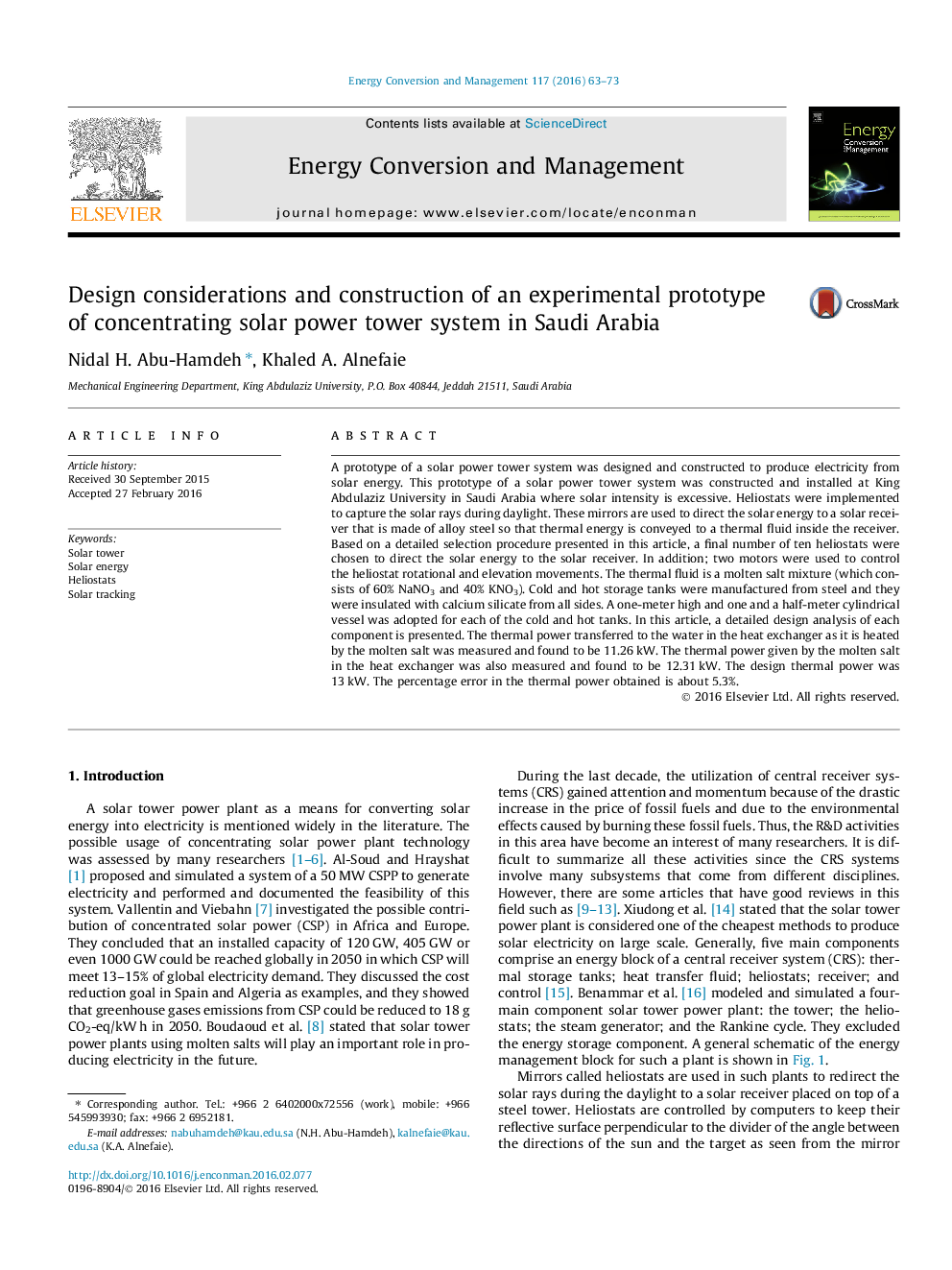 Design considerations and construction of an experimental prototype of concentrating solar power tower system in Saudi Arabia