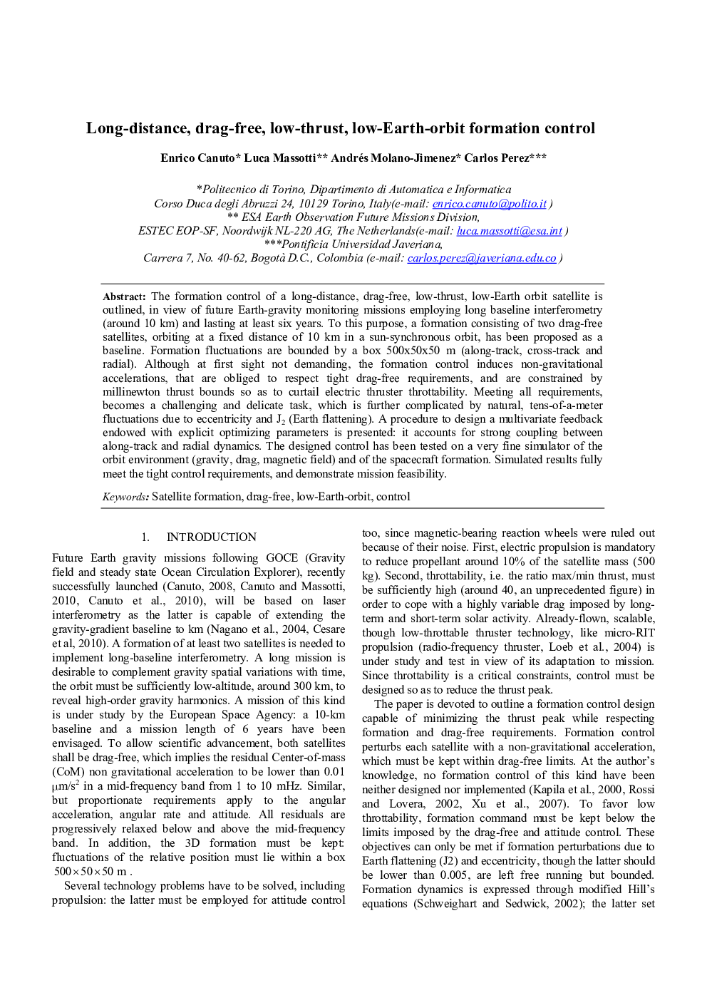 Long-distance, drag-free, low-thrust, low-Earth-orbit formation control