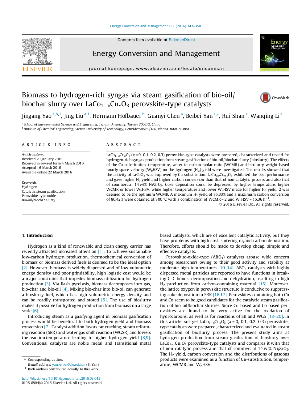 Biomass to hydrogen-rich syngas via steam gasification of bio-oil/biochar slurry over LaCo1âxCuxO3 perovskite-type catalysts