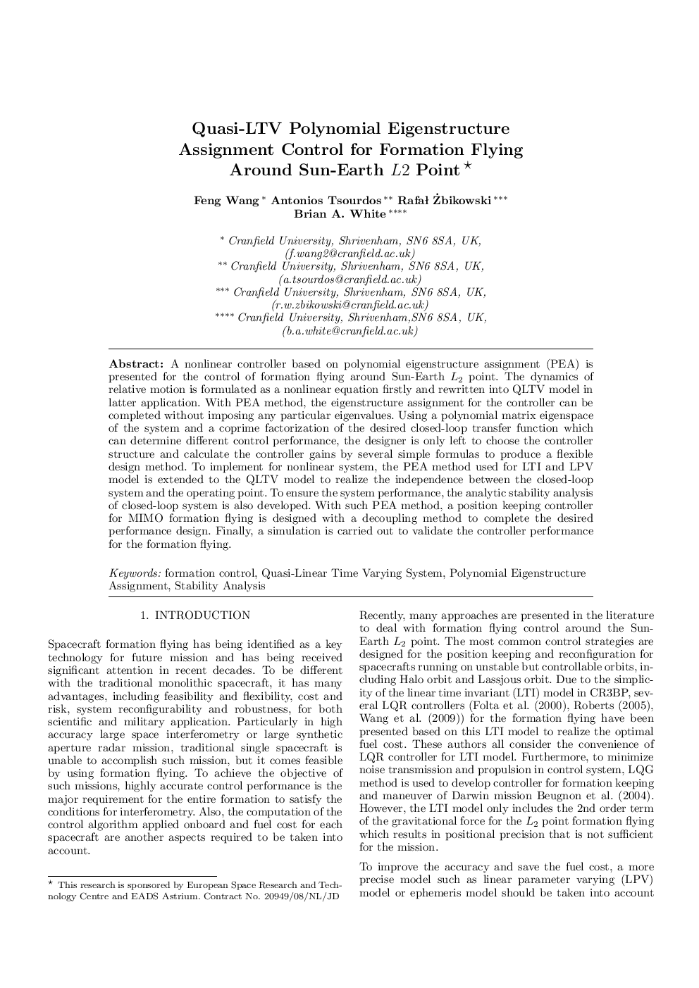 عکس صفحه اول مقاله: Quasi-LTV Polynomial Eigenstructure Assignment Control for Formation Flying Around Sun-Earth L2 Point * Quasi-LTV Polynomial Eigenstructure Assignment Control for Formation Flying Around Sun-Earth L2 Point *