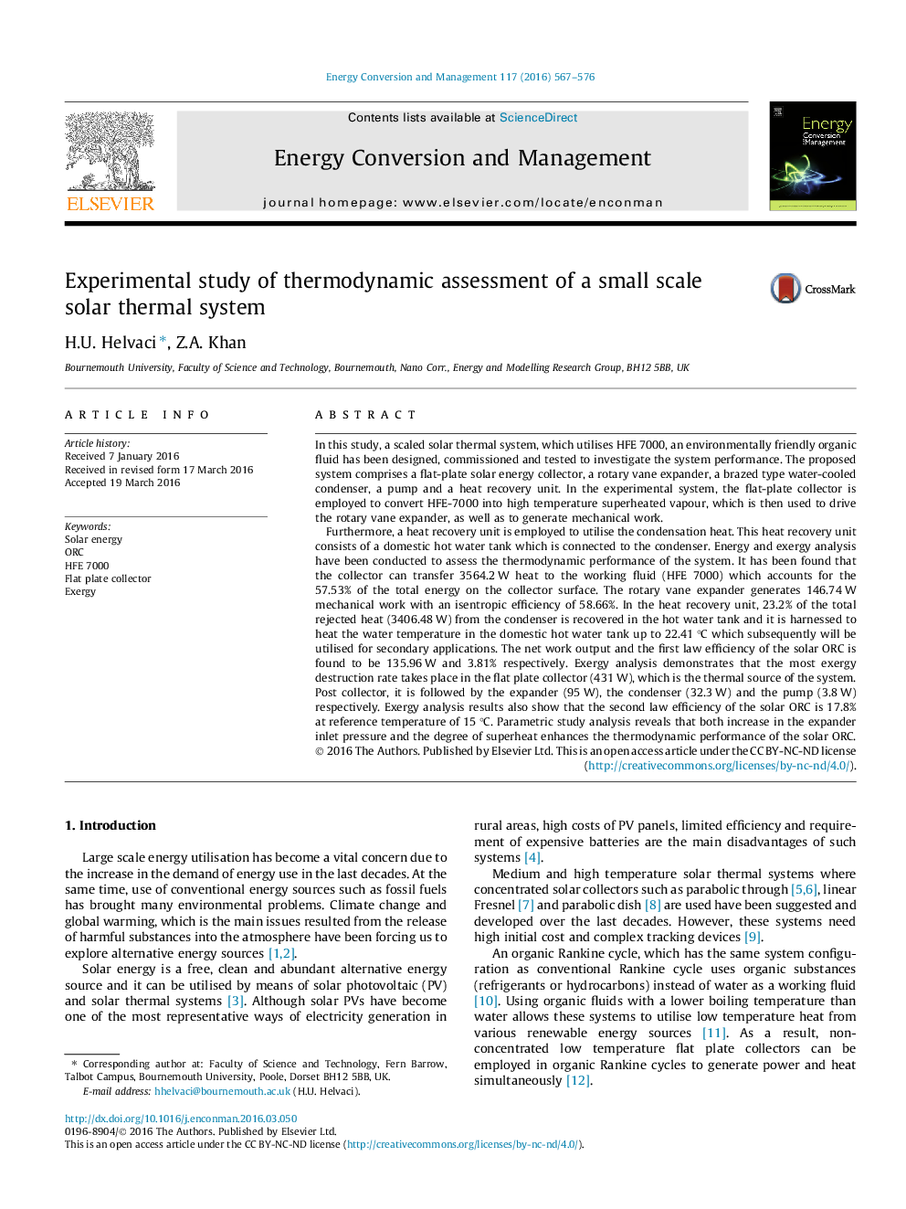 Experimental study of thermodynamic assessment of a small scale solar thermal system