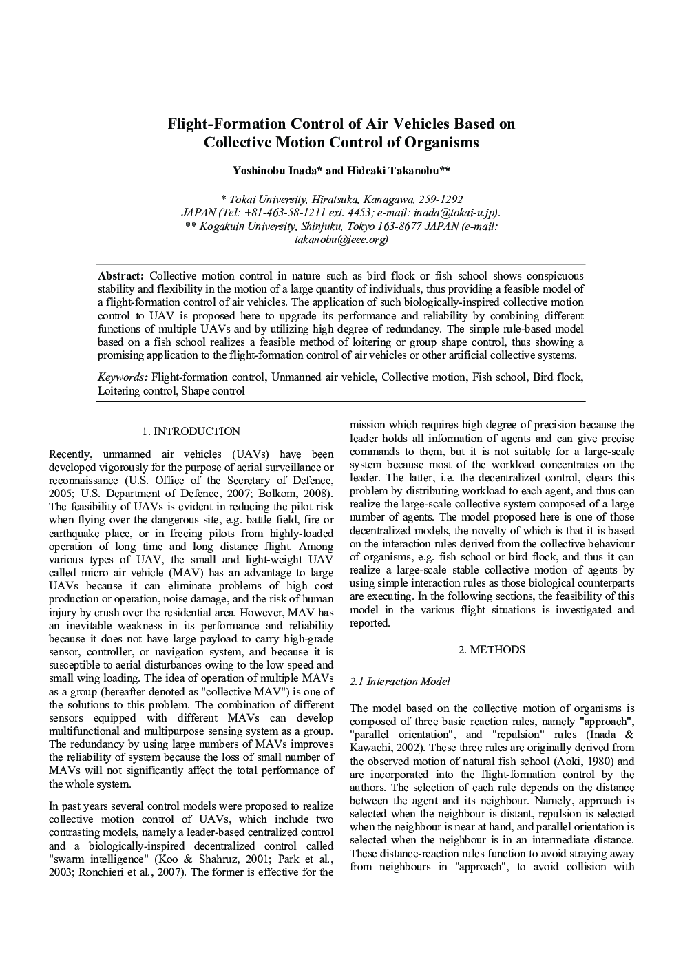 Flight-Formation Control of Air Vehicles Based on Collective Motion Control of Organisms