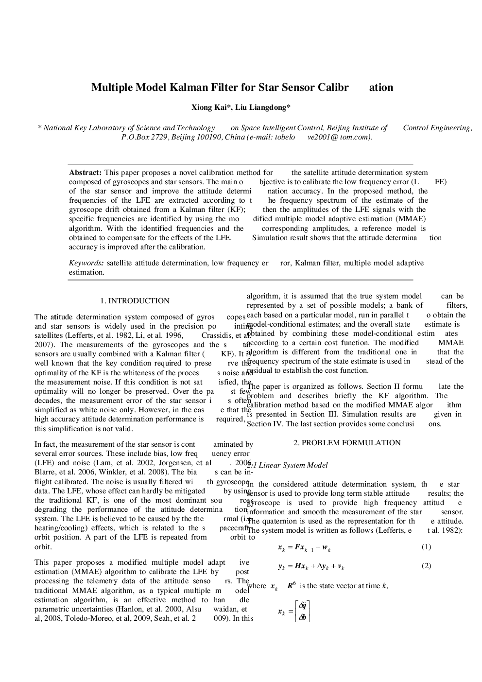 عکس صفحه اول مقاله: Multiple Model Kalman Filter for Star Sensor Calibration Multiple Model Kalman Filter for Star Sensor Calibration