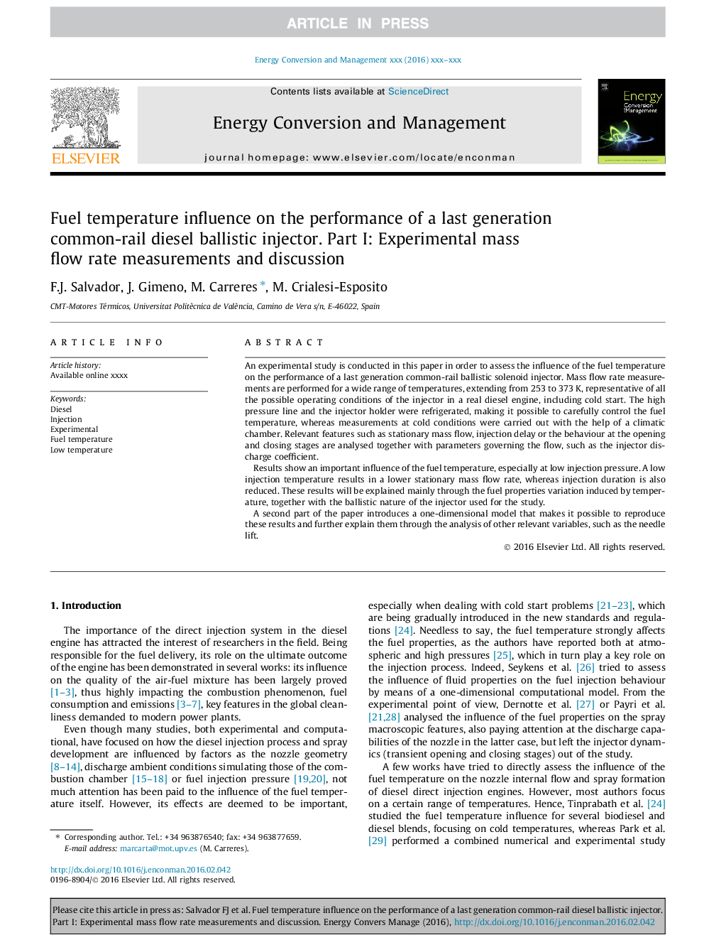 Fuel temperature influence on the performance of a last generation common-rail diesel ballistic injector. Part I: Experimental mass flow rate measurements and discussion