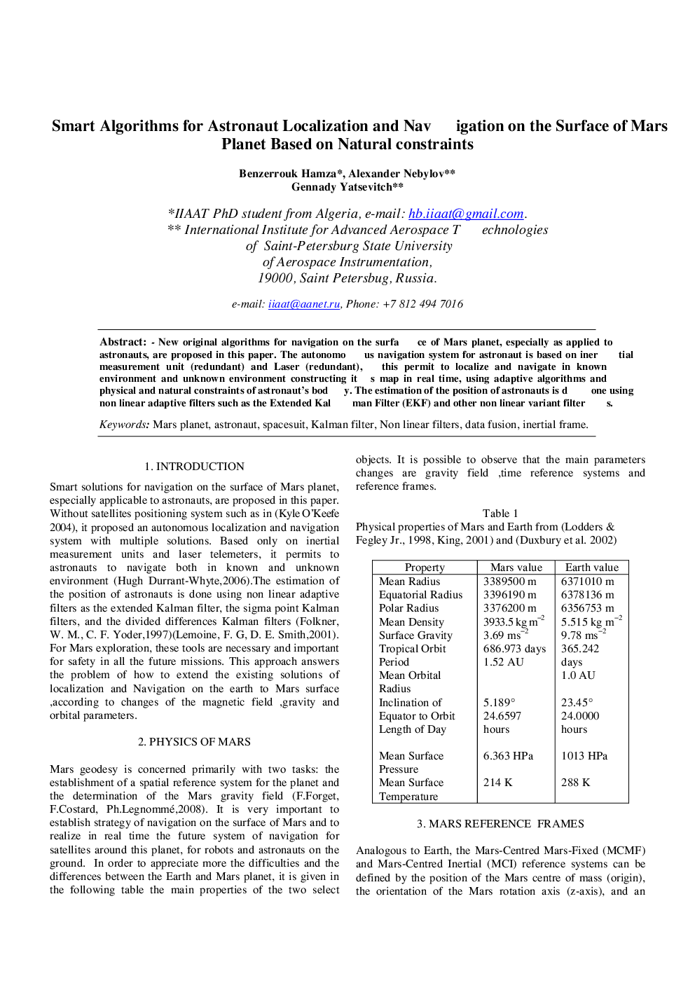 Smart Algorithms for Astronaut Localization and Navigation on the Surface of Mars Planet Based on Natural constraints