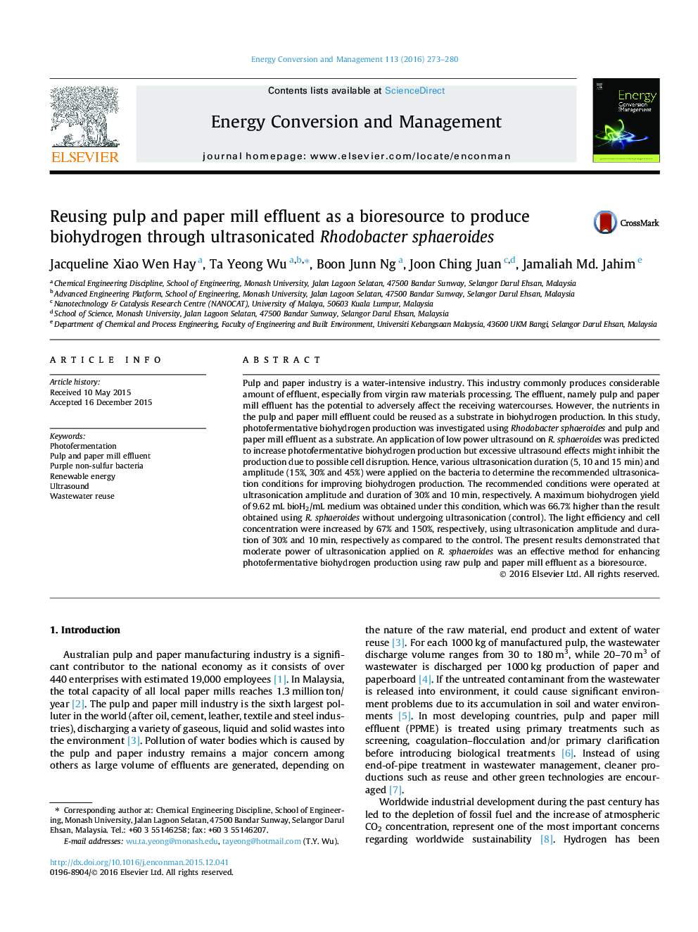 Reusing pulp and paper mill effluent as a bioresource to produce biohydrogen through ultrasonicated Rhodobacter sphaeroides