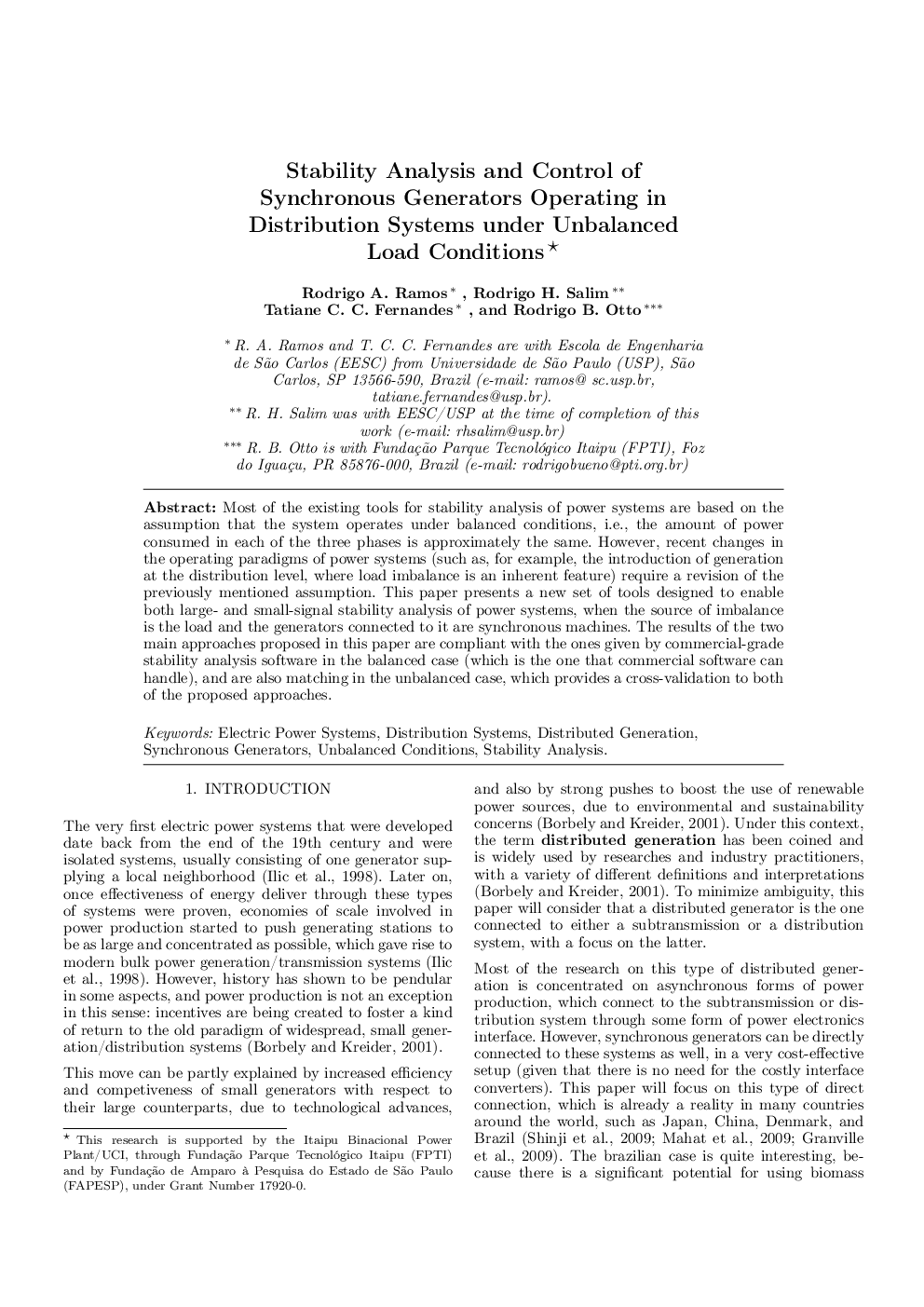 Stability Analysis and Control of Synchronous Generators Operating in Distribution Systems under Unbalanced Load Conditions 