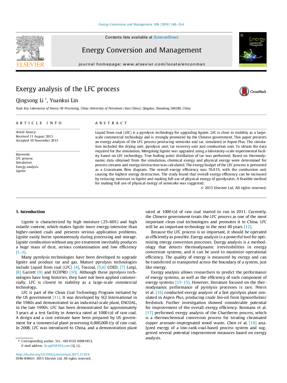 Exergy analysis of the LFC process