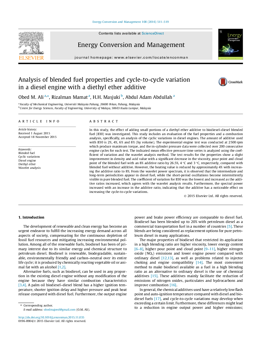 Analysis of blended fuel properties and cycle-to-cycle variation in a diesel engine with a diethyl ether additive