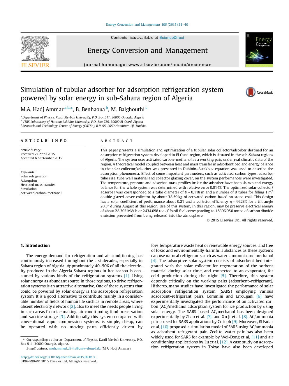 RETRACTED: Simulation of tubular adsorber for adsorption refrigeration system powered by solar energy in sub-Sahara region of Algeria