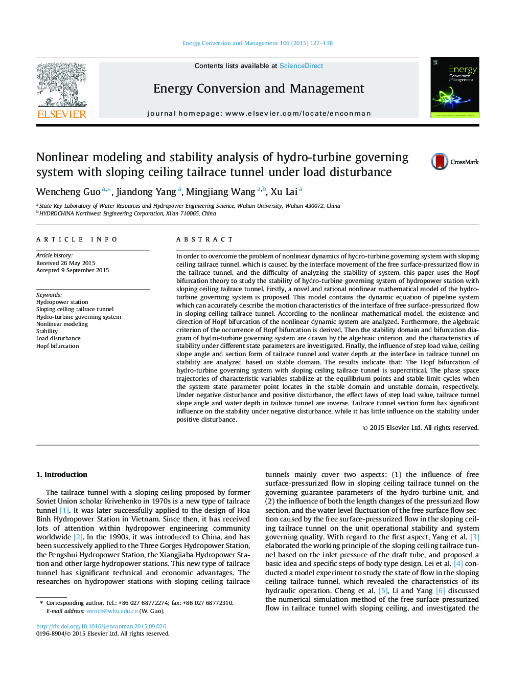 Nonlinear modeling and stability analysis of hydro-turbine governing system with sloping ceiling tailrace tunnel under load disturbance