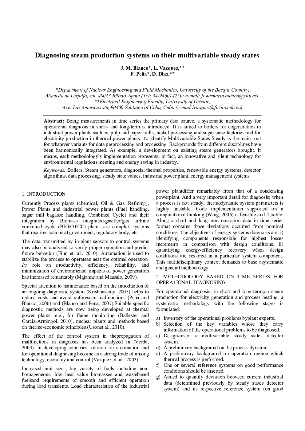 Diagnosing steam production systems on their multivariable steady states