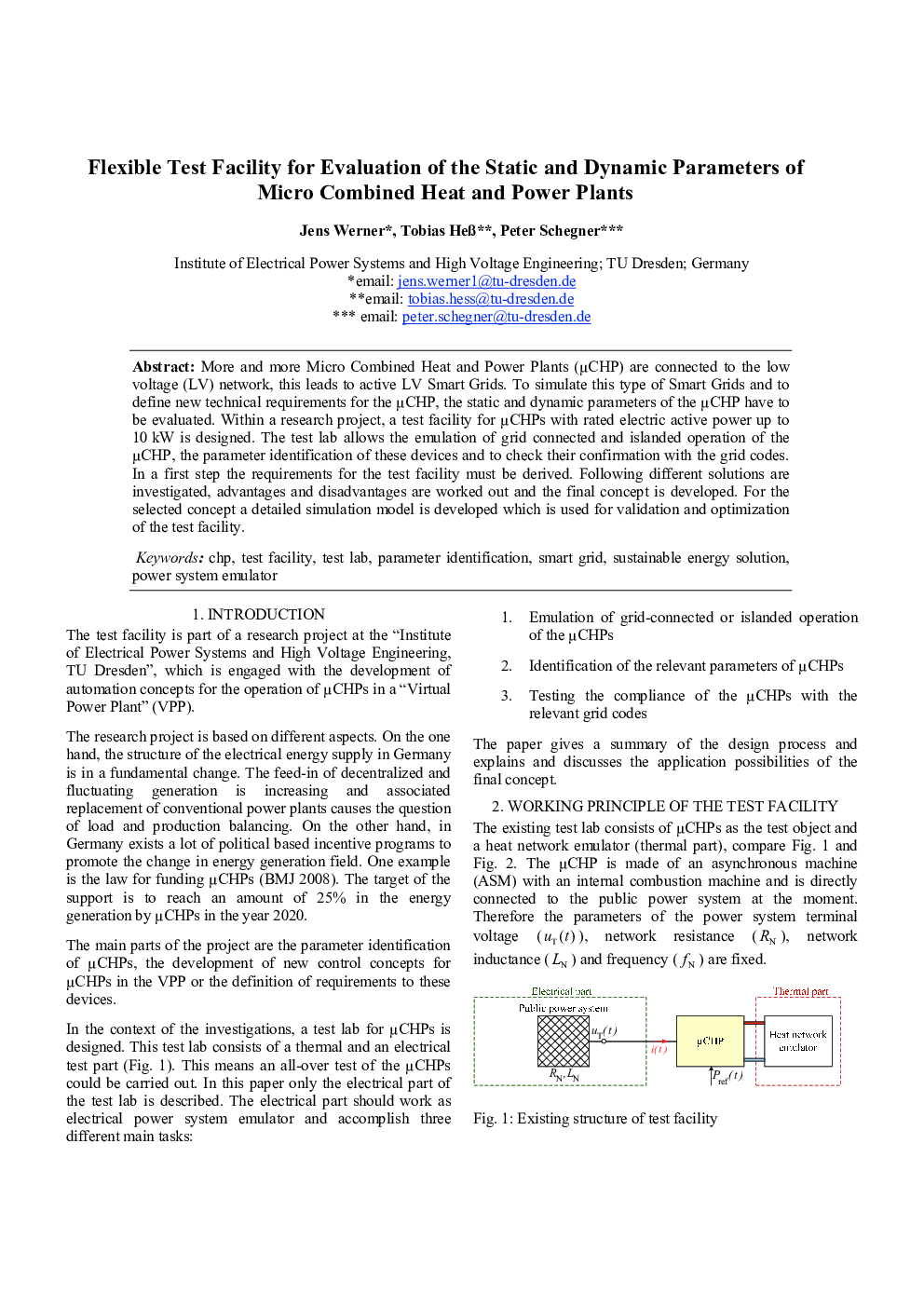 Flexible Test Facility for Evaluation of the Static and Dynamic Parameters of Micro Combined Heat and Power Plants