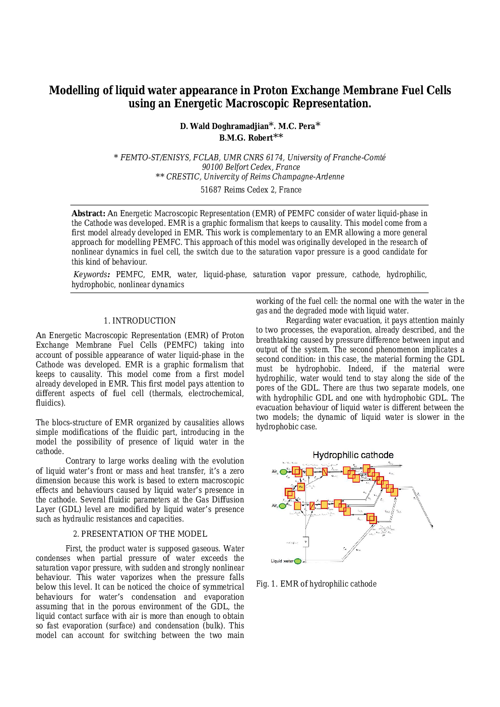 Modelling of liquid water appearance in Proton Exchange Membrane Fuel Cells using an Energetic Macroscopic Representation