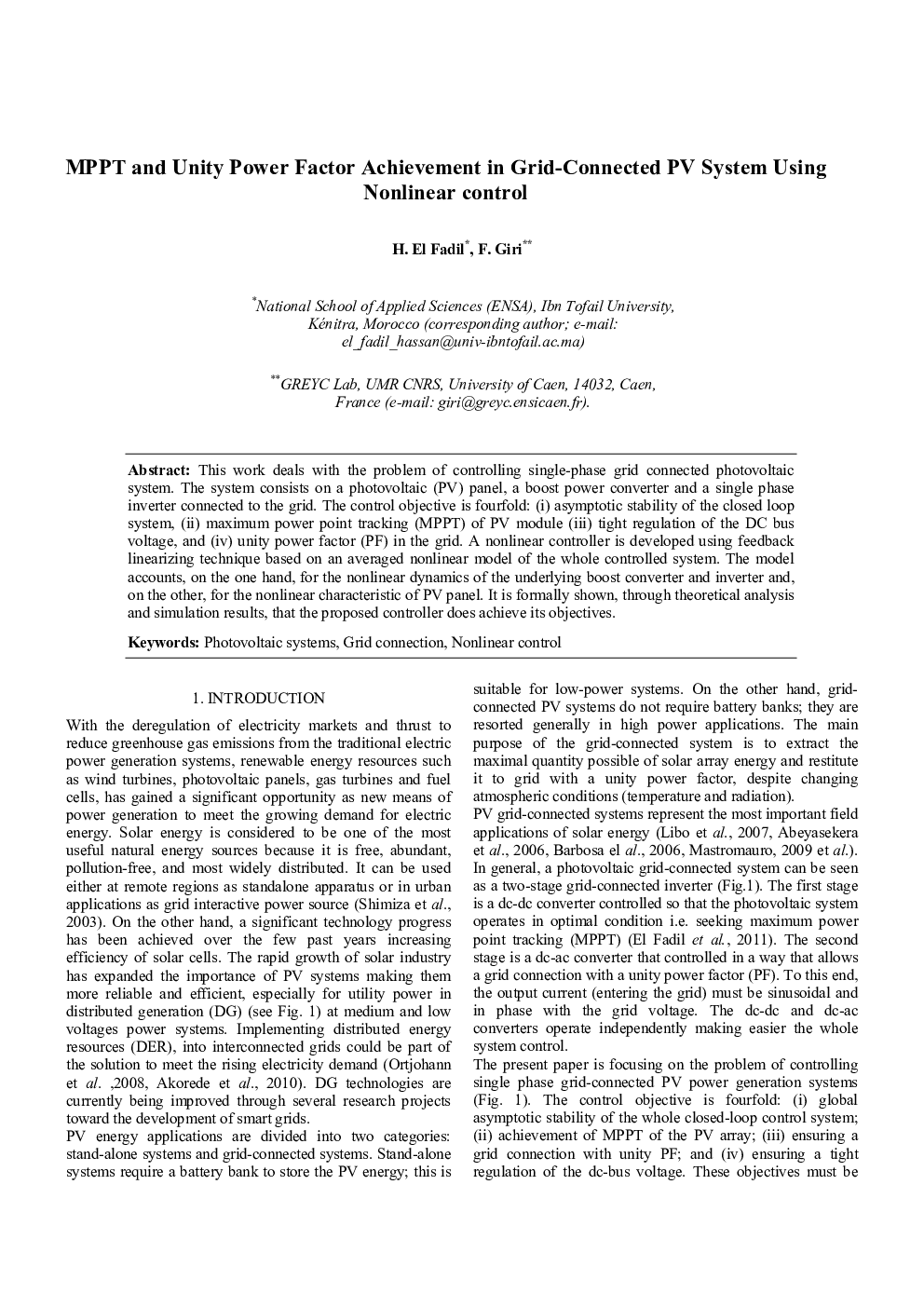MPPT and Unity Power Factor Achievement in Grid-Connected PV System Using Nonlinear control