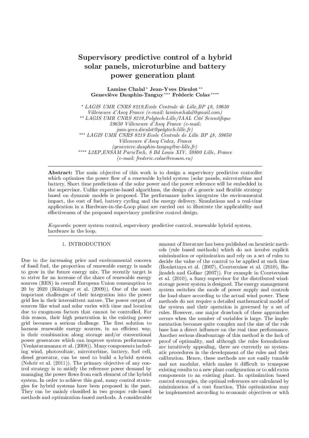 Supervisory predictive control of a hybrid solar panels, microturbine and battery power generation plant