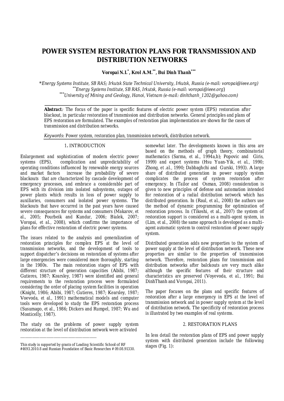 POWER SYSTEM RESTORATION PLANS FOR TRANSMISSION AND DISTRIBUTION NETWORKS 