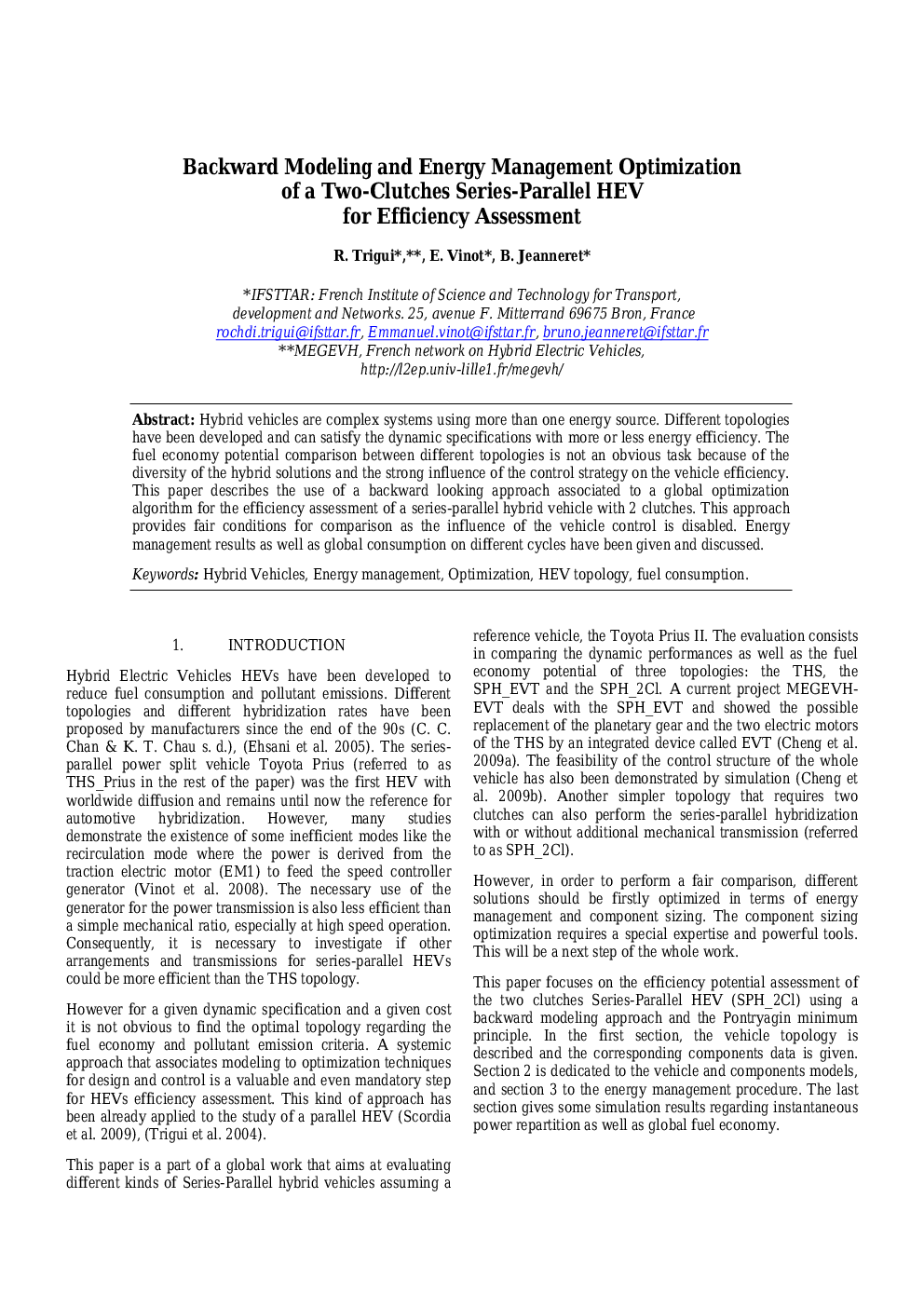 Backward Modeling and Energy Management Optimization of a Two-Clutches Series-Parallel HEV for Efficiency Assessment