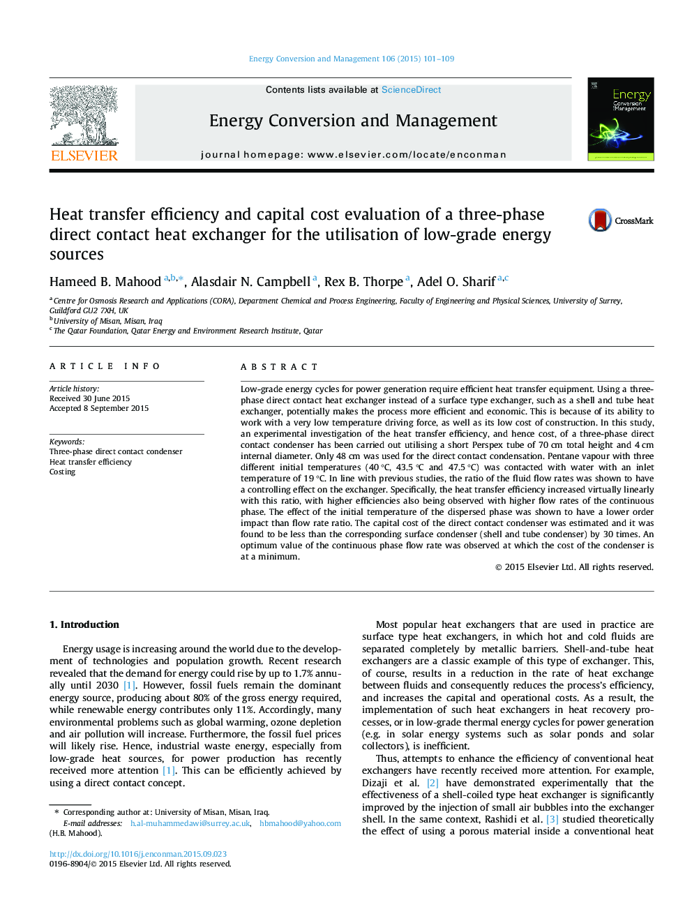 Heat transfer efficiency and capital cost evaluation of a three-phase direct contact heat exchanger for the utilisation of low-grade energy sources