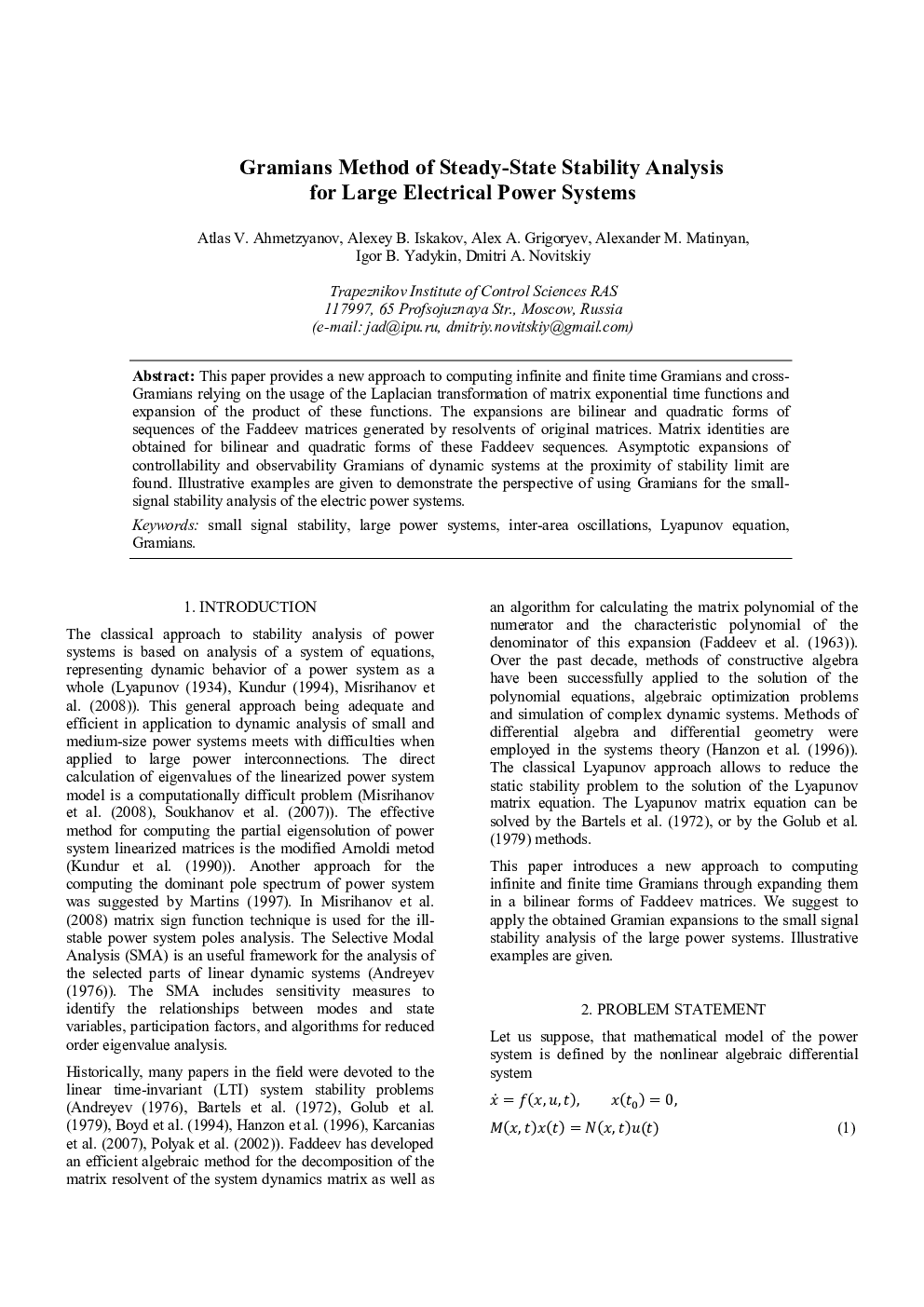 Gramians Method of Steady-State Stability Analysis for Large Electrical Power Systems