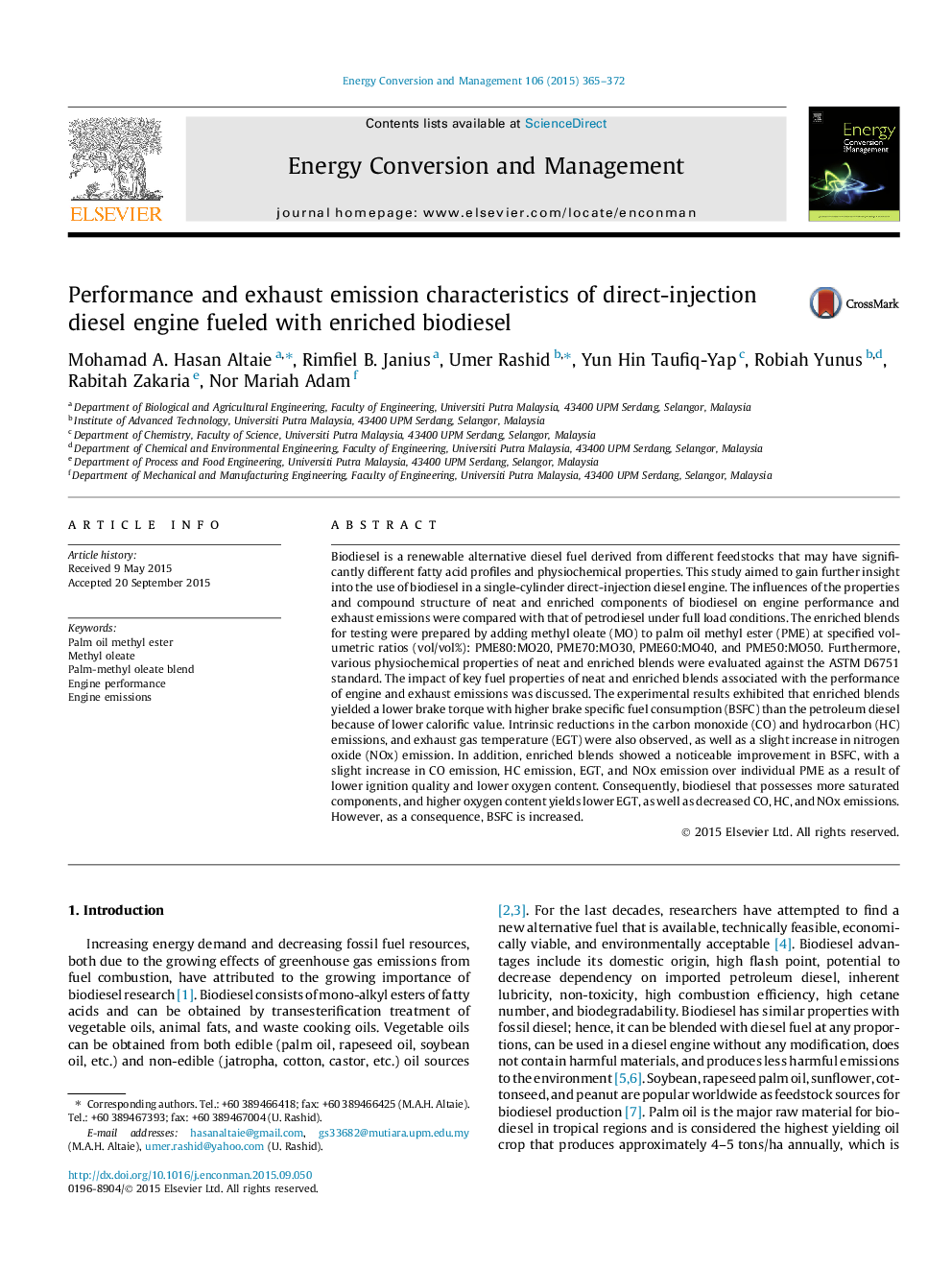 Performance and exhaust emission characteristics of direct-injection diesel engine fueled with enriched biodiesel