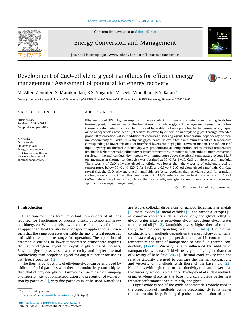 Development of CuO-ethylene glycol nanofluids for efficient energy management: Assessment of potential for energy recovery