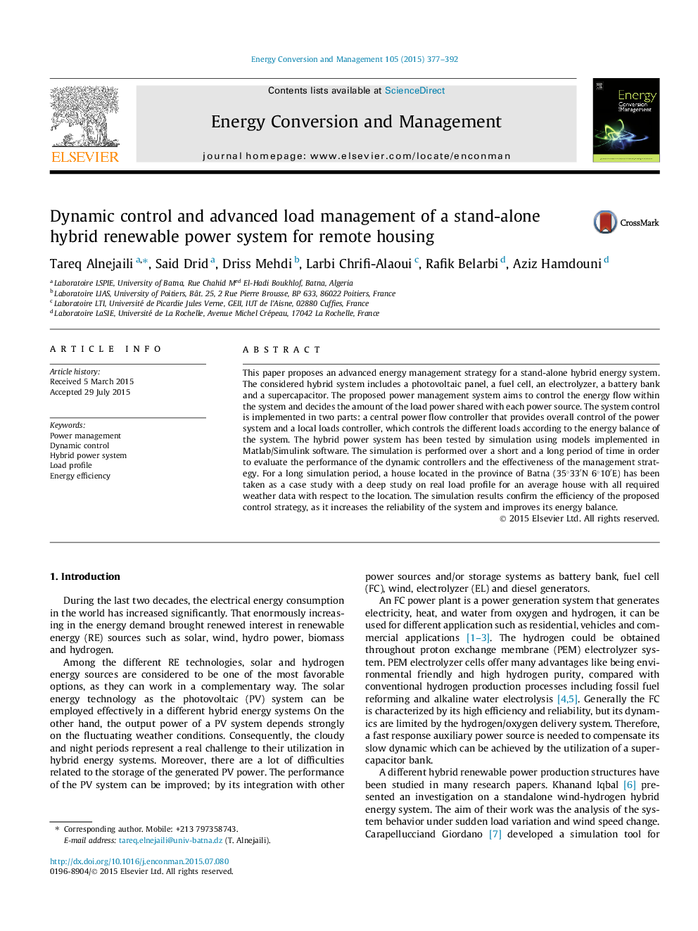 Dynamic control and advanced load management of a stand-alone hybrid renewable power system for remote housing