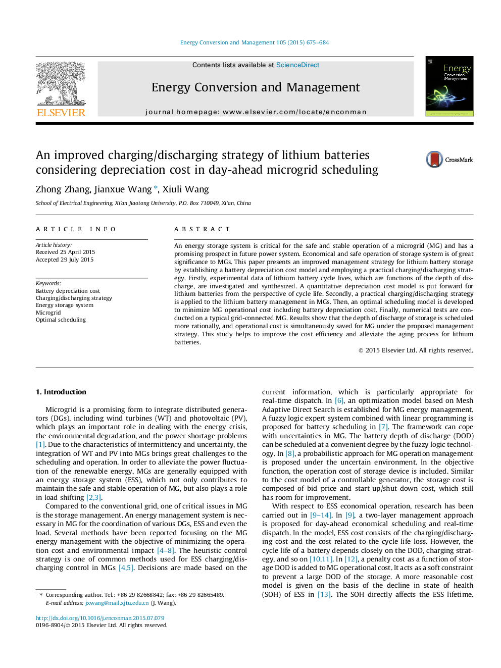 An improved charging/discharging strategy of lithium batteries considering depreciation cost in day-ahead microgrid scheduling