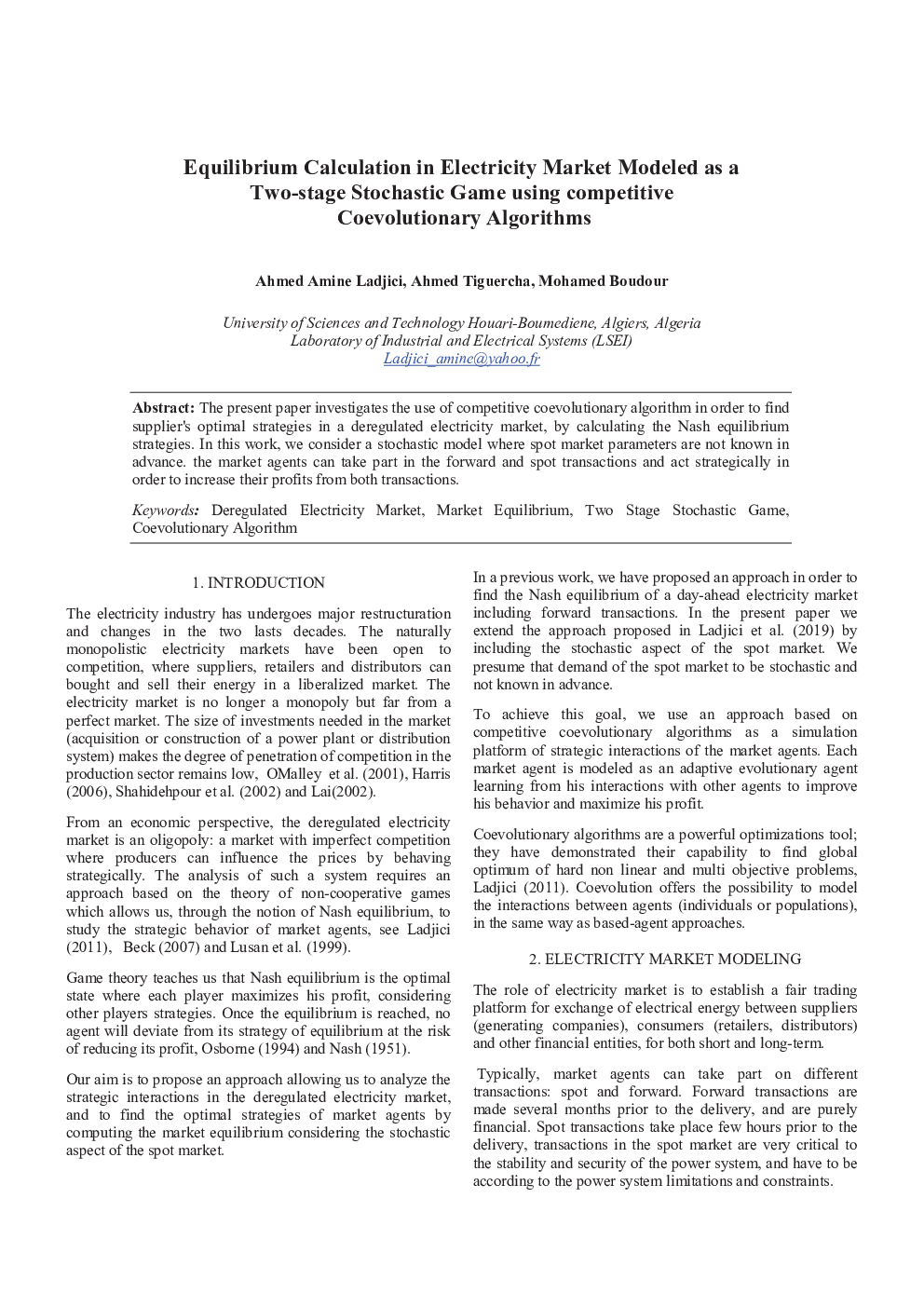 Equilibrium Calculation in Electricity Market Modeled as a Two-stage Stochastic Game using competitive Coevolutionary Algorithms