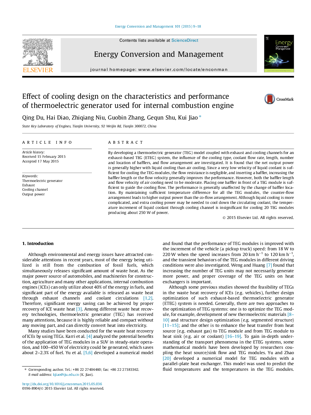 Effect of cooling design on the characteristics and performance of thermoelectric generator used for internal combustion engine