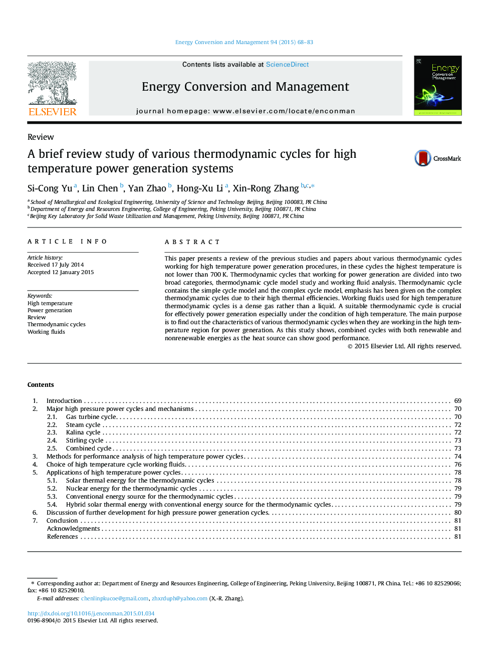 A brief review study of various thermodynamic cycles for high temperature power generation systems