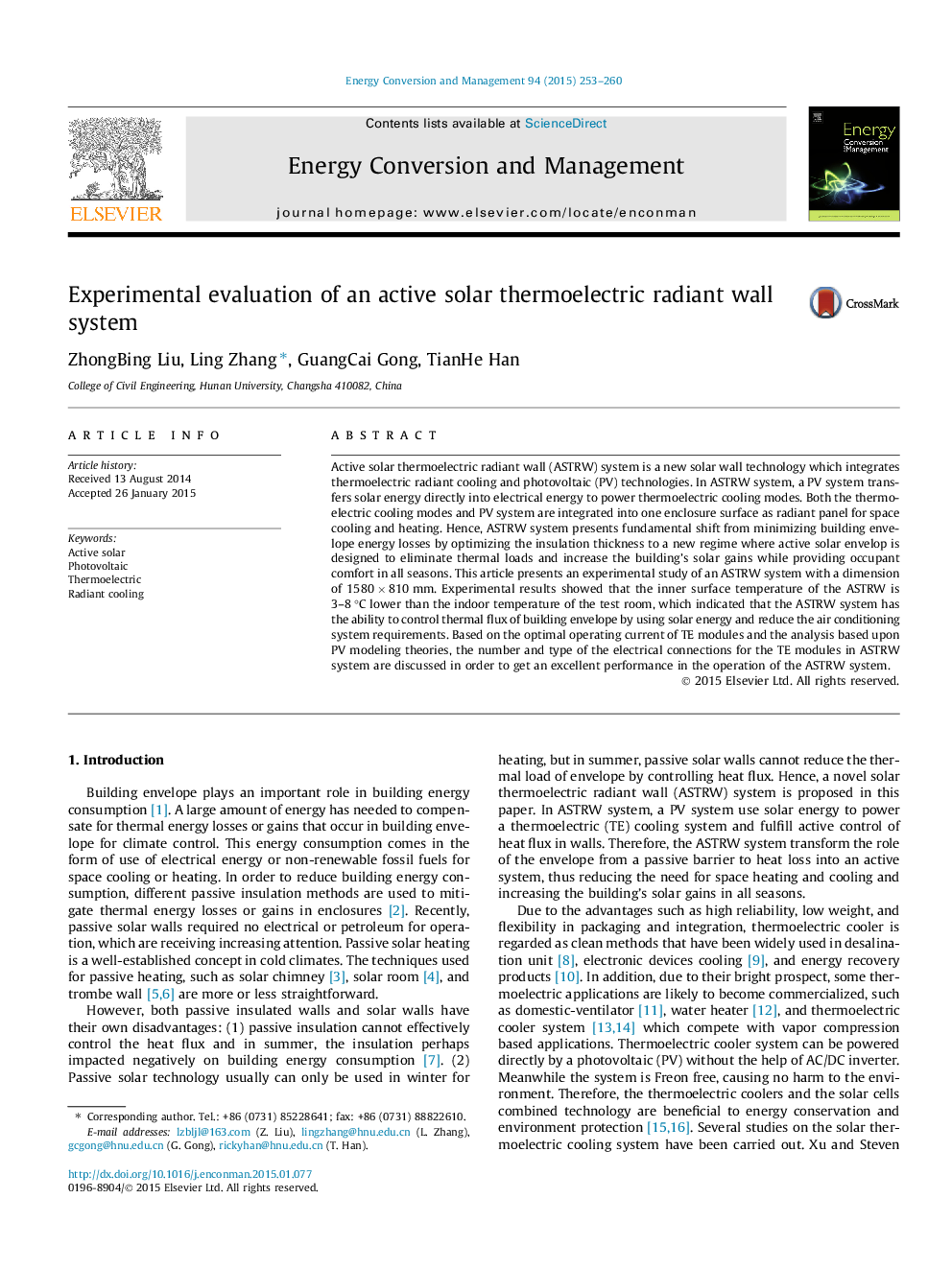 Experimental evaluation of an active solar thermoelectric radiant wall system