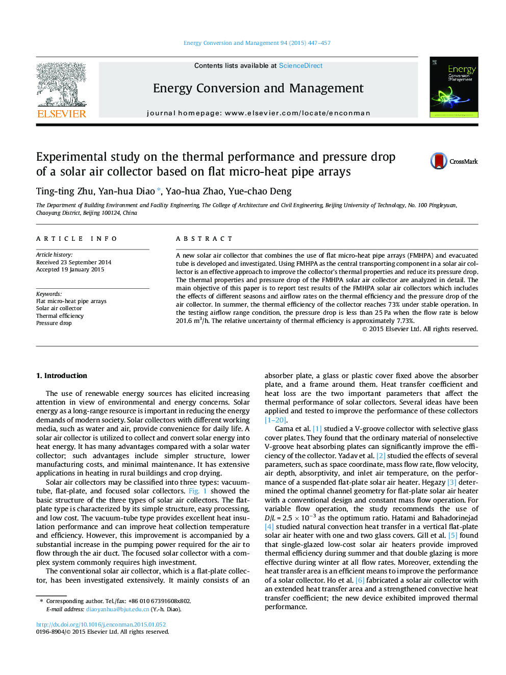 Experimental study on the thermal performance and pressure drop of a solar air collector based on flat micro-heat pipe arrays