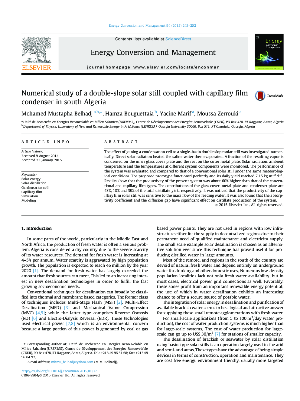 Numerical study of a double-slope solar still coupled with capillary film condenser in south Algeria