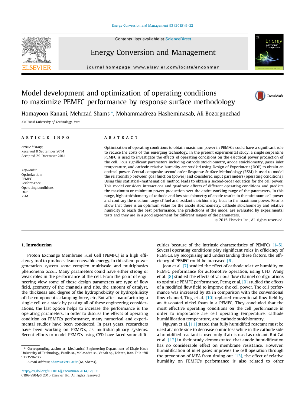 Model development and optimization of operating conditions to maximize PEMFC performance by response surface methodology