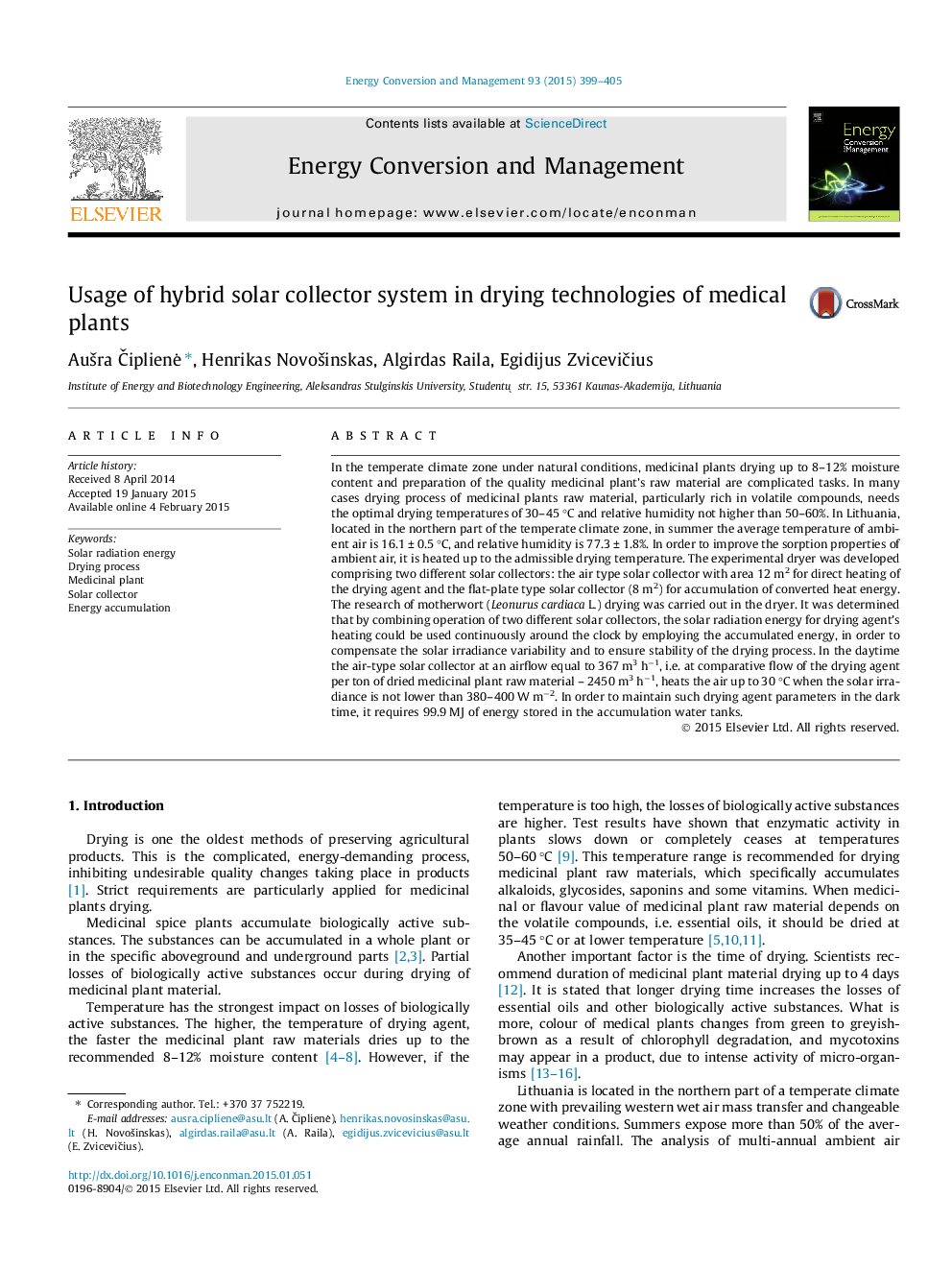 Usage of hybrid solar collector system in drying technologies of medical plants