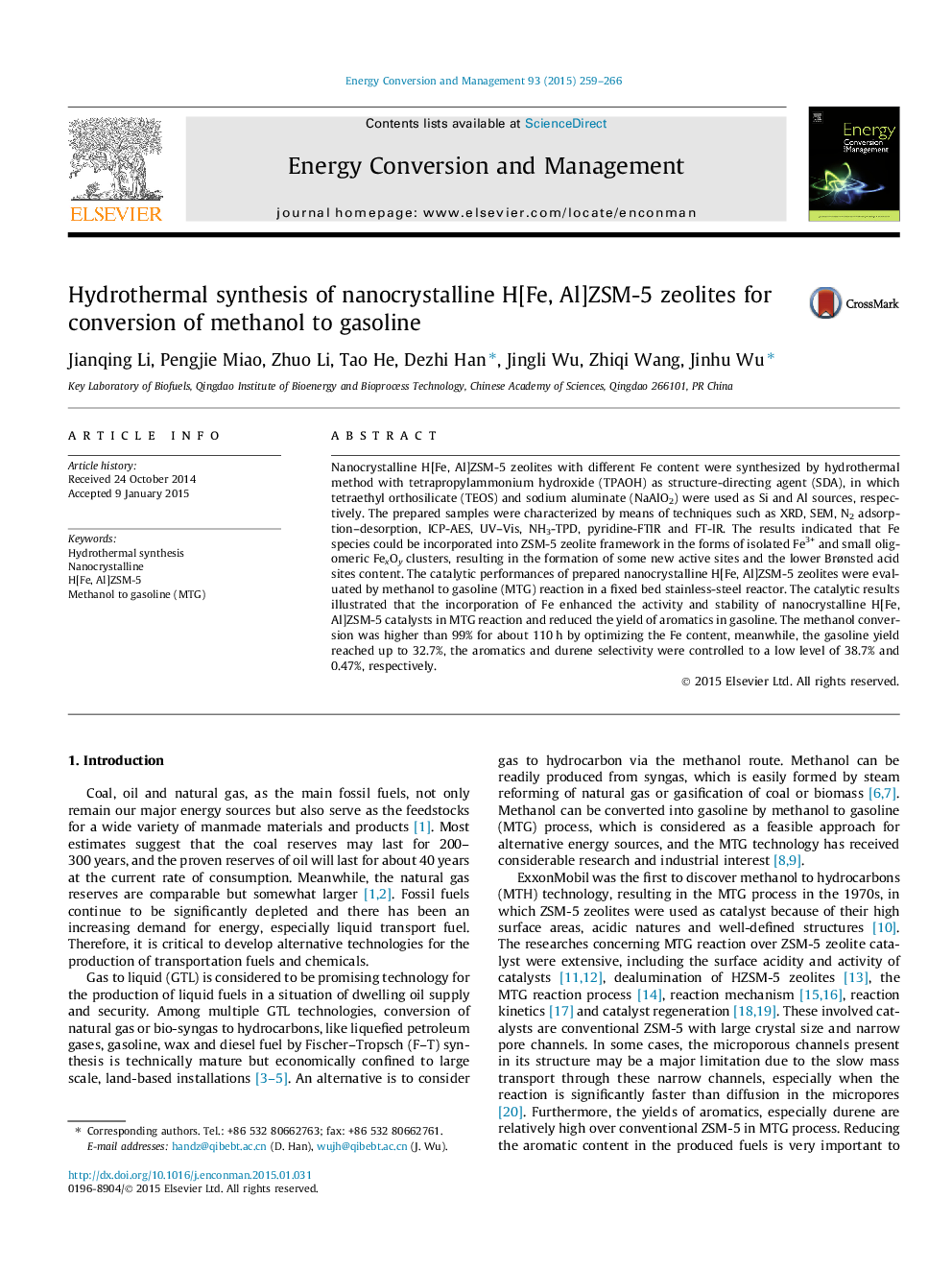 Hydrothermal synthesis of nanocrystalline H[Fe, Al]ZSM-5 zeolites for conversion of methanol to gasoline