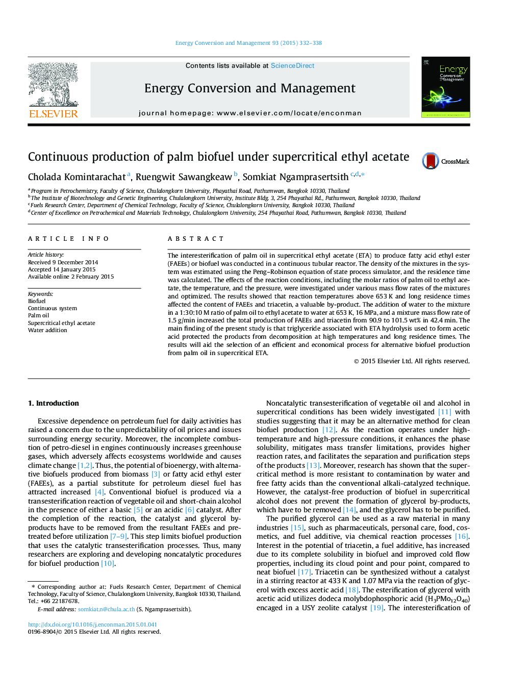 Continuous production of palm biofuel under supercritical ethyl acetate