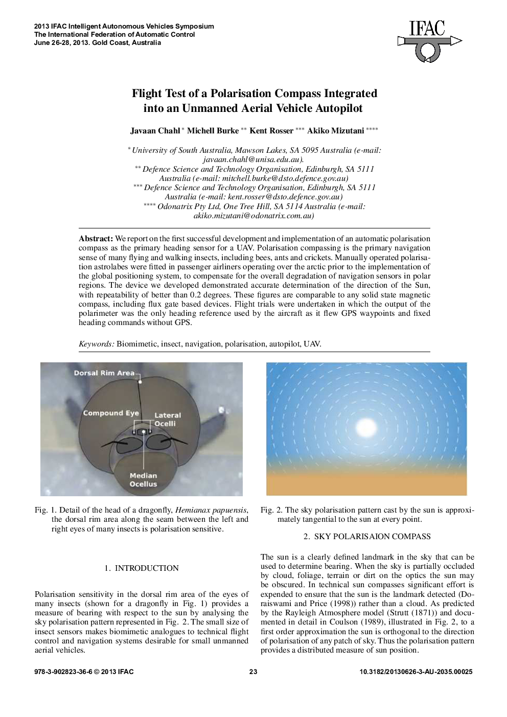 عکس صفحه اول مقاله: Flight Test of a Polarisation Compass Integrated into an Unmanned Aerial Vehicle Autopilot Flight Test of a Polarisation Compass Integrated into an Unmanned Aerial Vehicle Autopilot