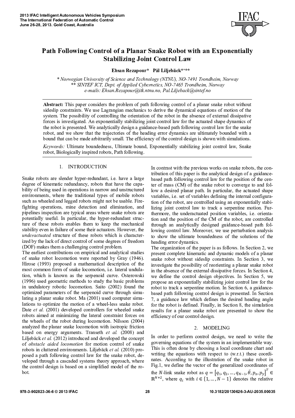 Path Following Control of a Planar Snake Robot with an Exponentially Stabilizing Joint Control Law