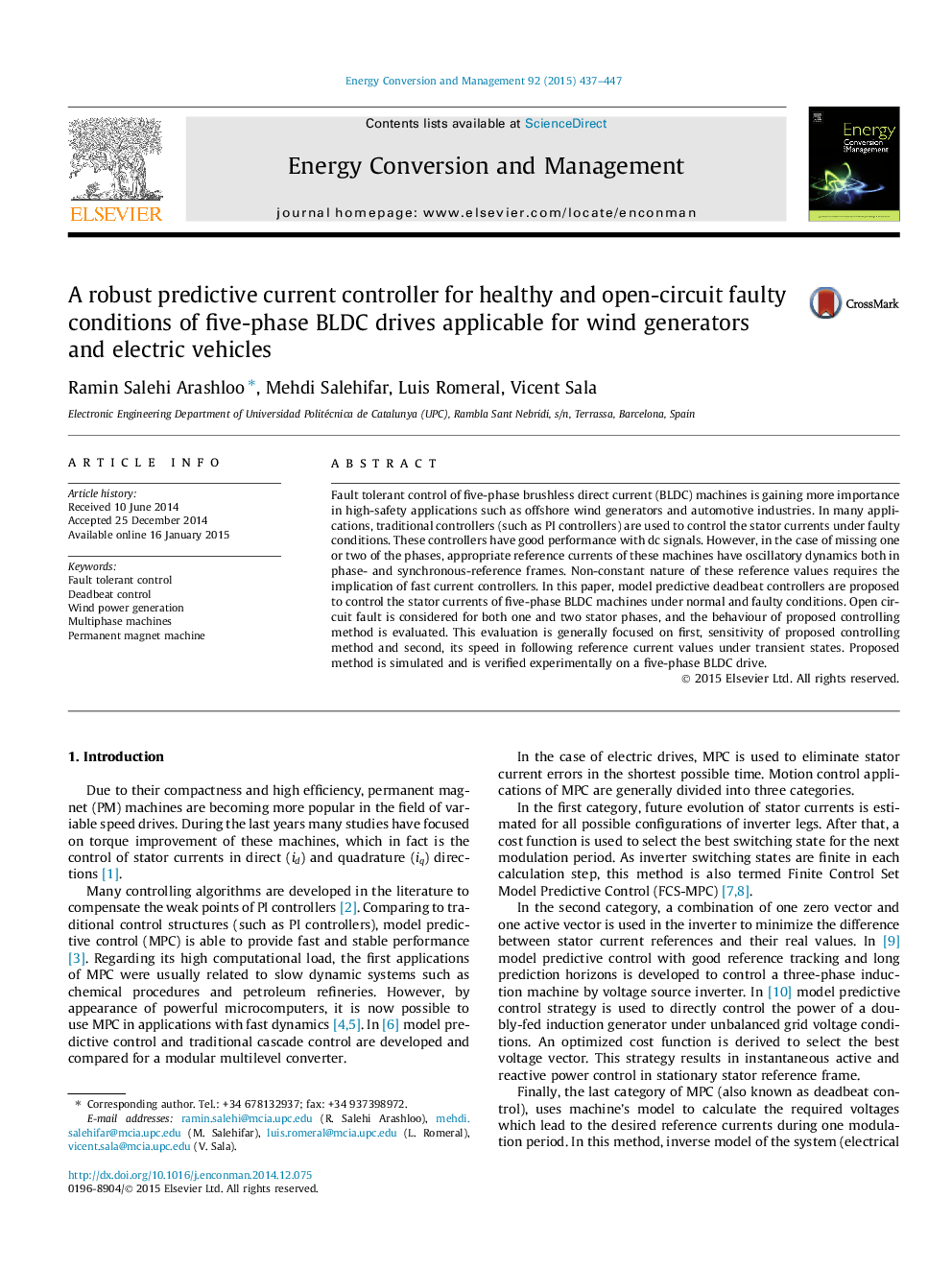 A robust predictive current controller for healthy and open-circuit faulty conditions of five-phase BLDC drives applicable for wind generators and electric vehicles