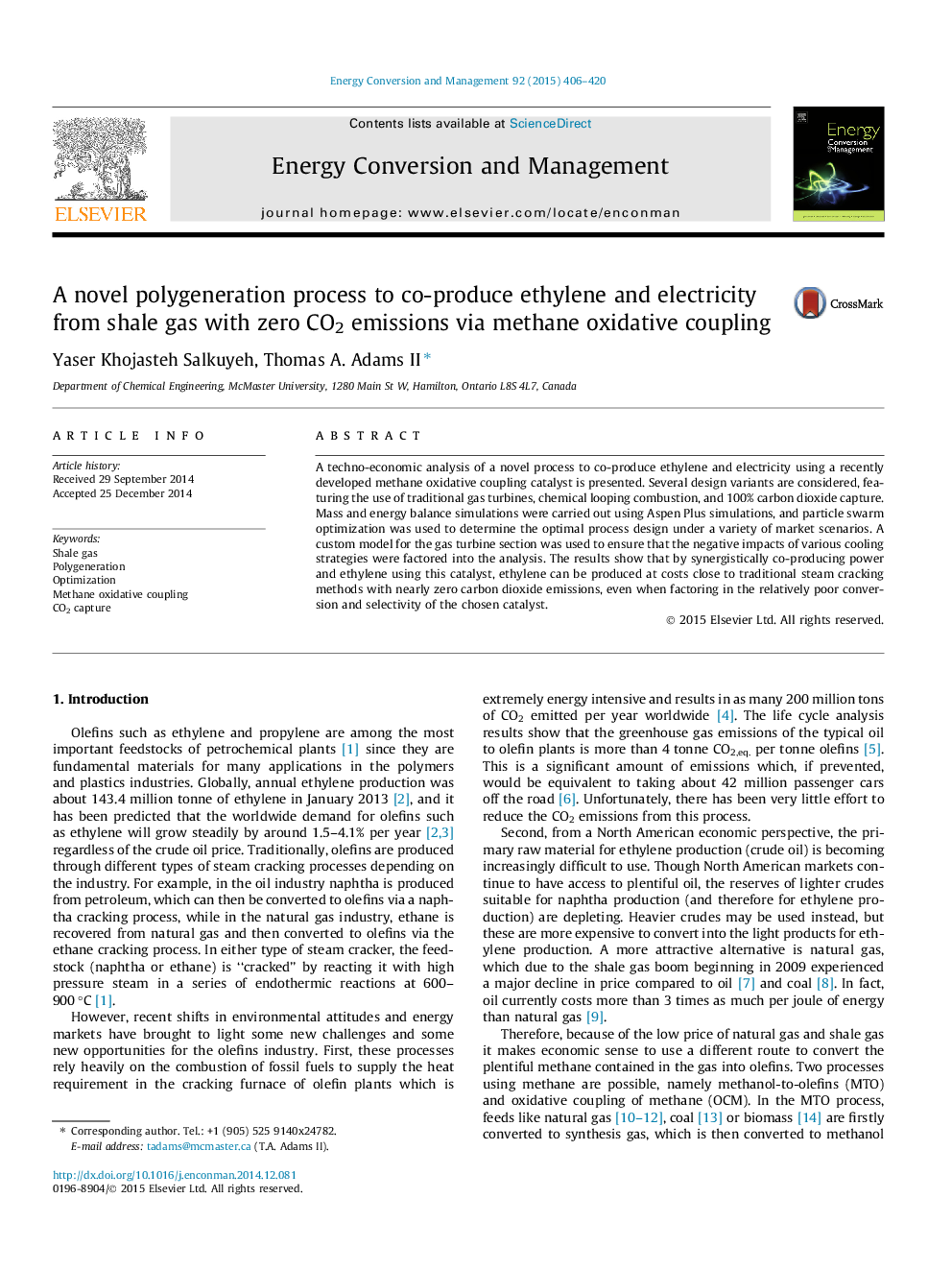 A novel polygeneration process to co-produce ethylene and electricity from shale gas with zero CO2 emissions via methane oxidative coupling