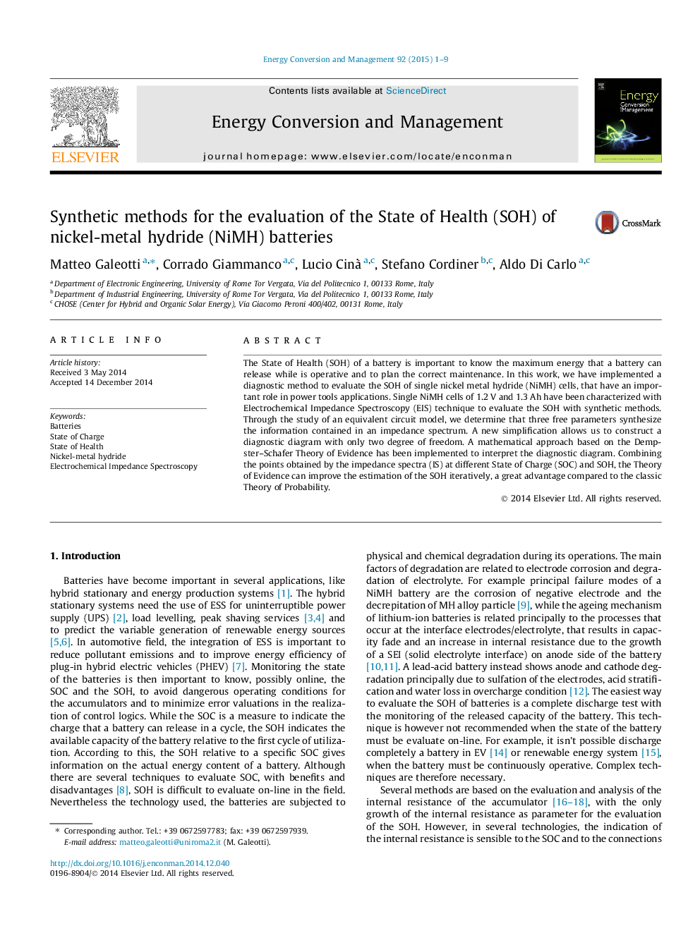 Synthetic methods for the evaluation of the State of Health (SOH) of nickel-metal hydride (NiMH) batteries