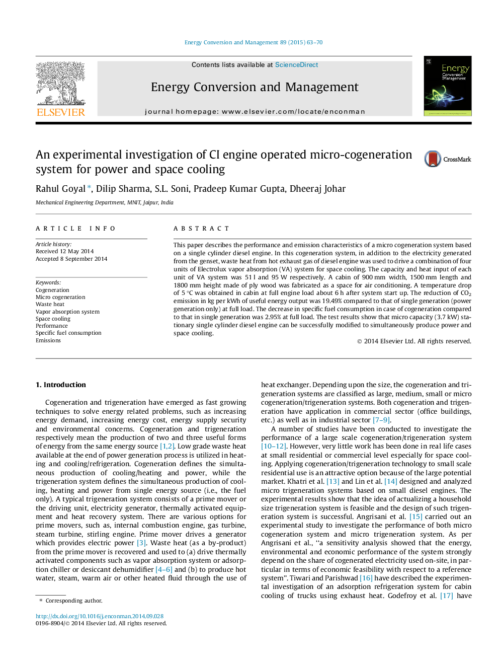 An experimental investigation of CI engine operated micro-cogeneration system for power and space cooling