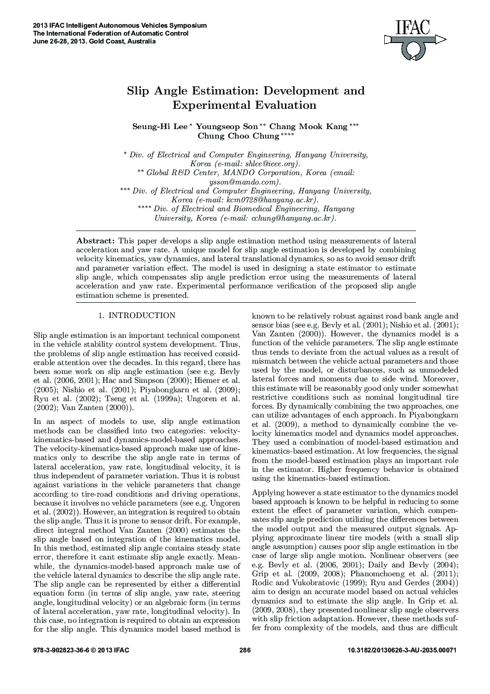 عکس صفحه اول مقاله: Slip Angle Estimation: Development and Experimental Evaluation Slip Angle Estimation: Development and Experimental Evaluation