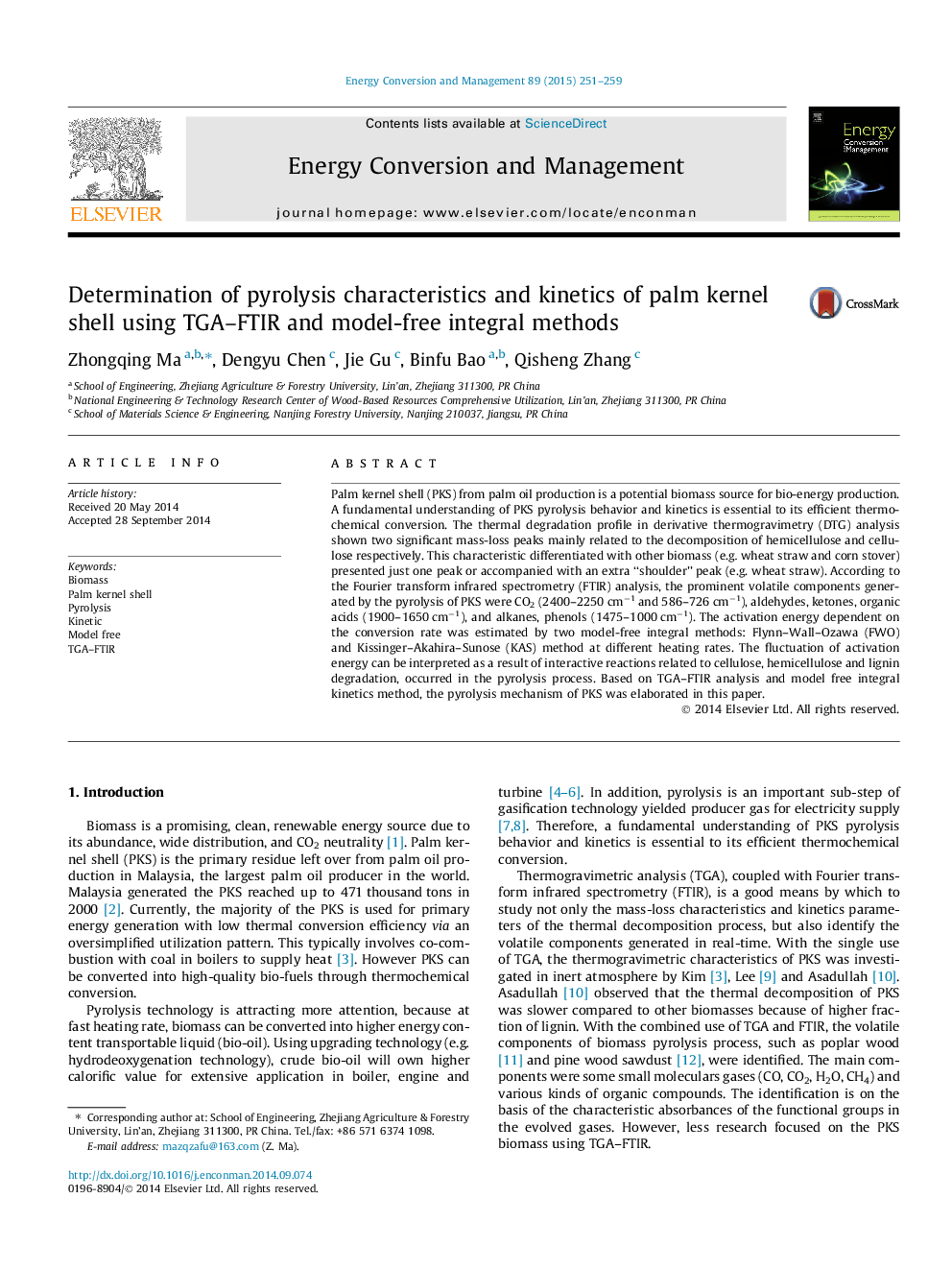 Determination of pyrolysis characteristics and kinetics of palm kernel shell using TGA-FTIR and model-free integral methods