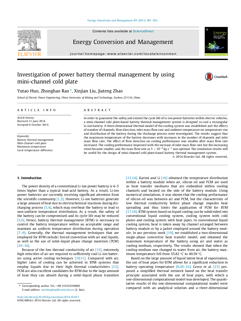 Investigation of power battery thermal management by using mini-channel cold plate