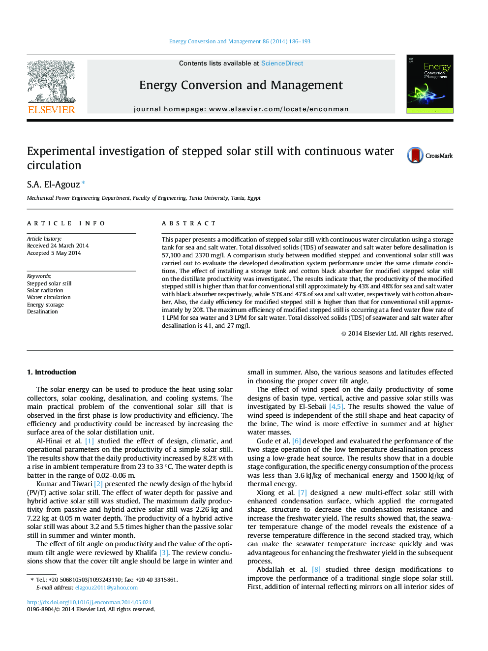 Experimental investigation of stepped solar still with continuous water circulation