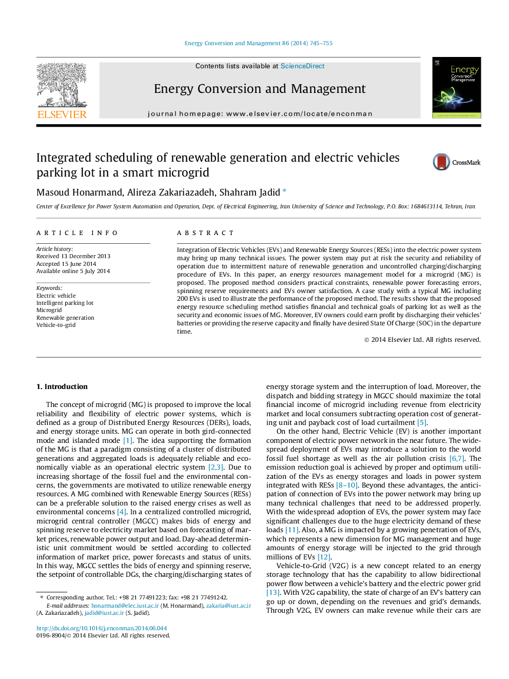 Integrated scheduling of renewable generation and electric vehicles parking lot in a smart microgrid