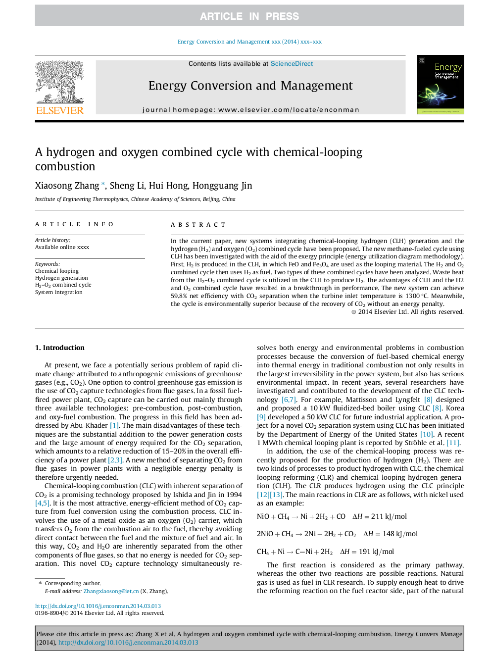 A hydrogen and oxygen combined cycle with chemical-looping combustion